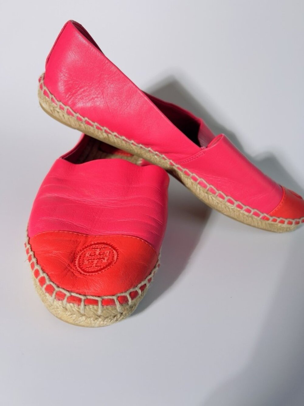 Tory Burch Colorblock Leather Espadrille Flats Pink Red Size 8.5 No Box - Picture 7 of 13